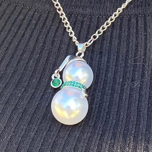 Snowman Necklace Silver Tone Green Crystals